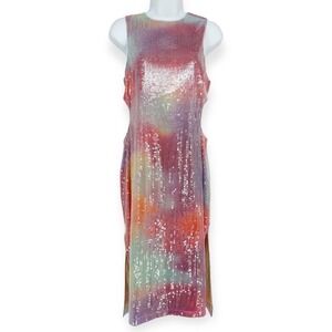 Avec Les Filles Sequin Dress Sleeveless Tie Dye‎ Midi Dress Side Slit size 10
